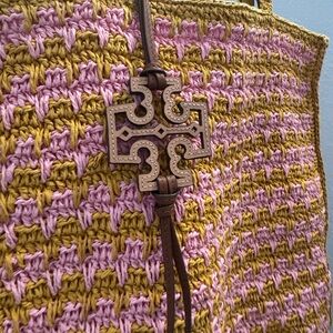 Tory Burch Pink and Mustard Crochet Tote with Leather Logo Charm